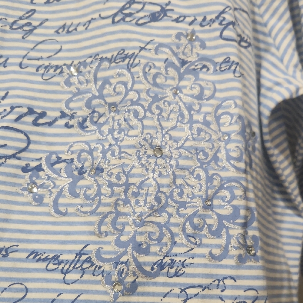 Ruby Rd. Blue and White Script Long Sleeve Top - Picture 2 of 9
